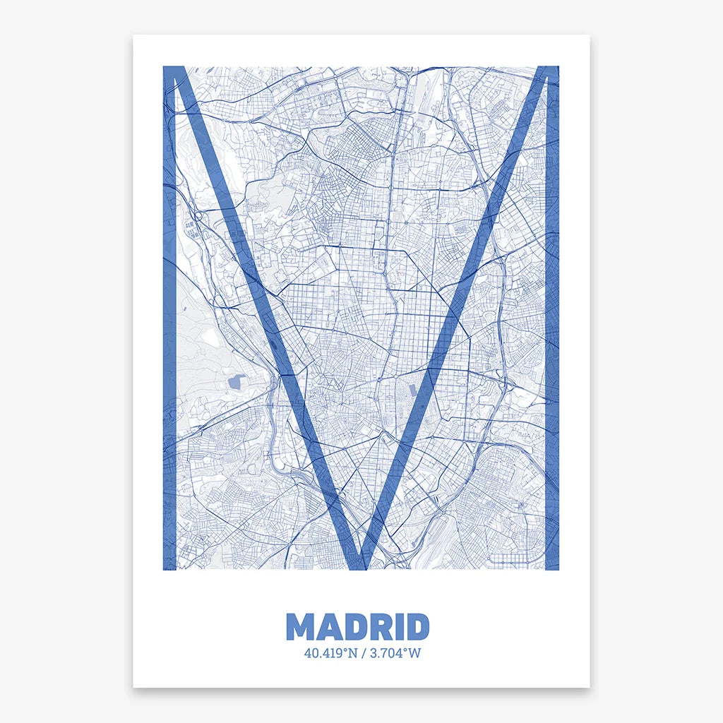 Poster of Madrid composed with letters in extra light font printed on navy blue and white