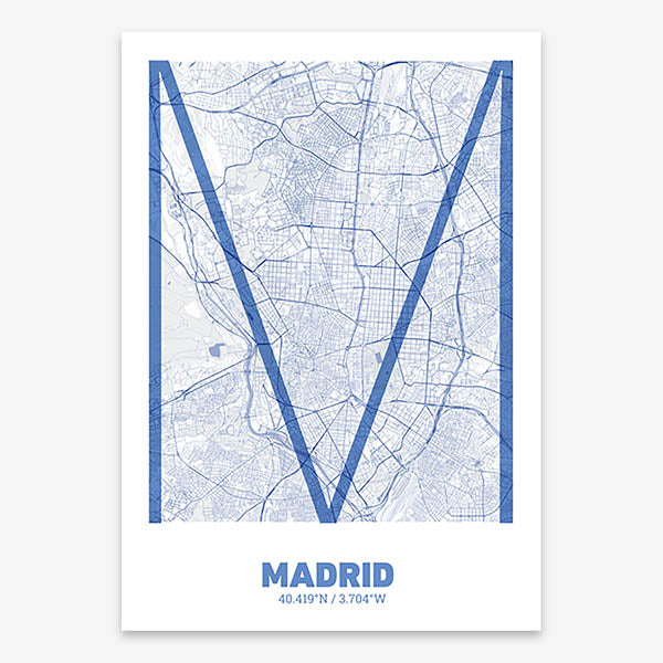Poster of Madrid composed with letters in extra light font printed on navy blue and white