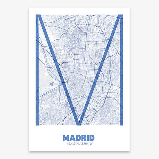 Poster of Madrid composed with letters in extra light font printed on navy blue and white