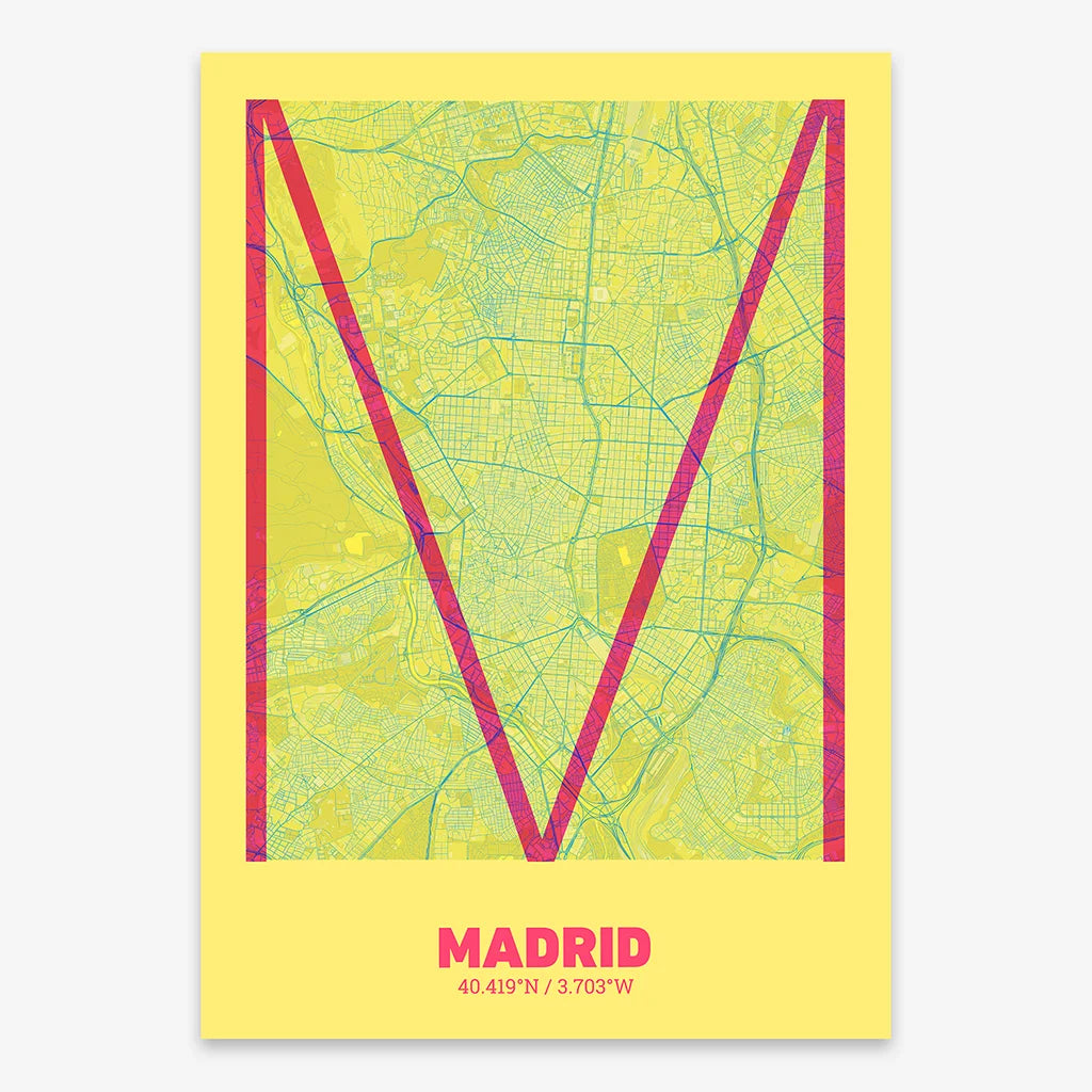 Poster of Madrid composed with letters in extra light font printed on yellow and fuchsia