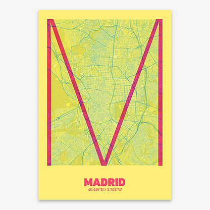Poster of Madrid composed with letters in extra light font printed on yellow and fuchsia