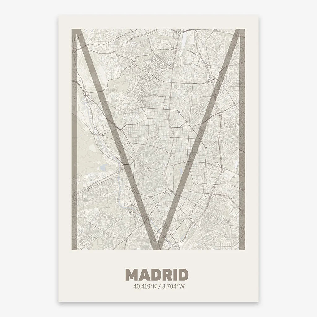 Poster of Madrid composed with letters in extra light font printed on light brown and an off-white background