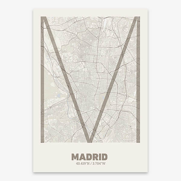 Poster of Madrid composed with letters in extra light font printed on light brown and an off-white background
