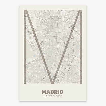 Poster of Madrid composed with letters in extra light font printed on light brown and an off-white background