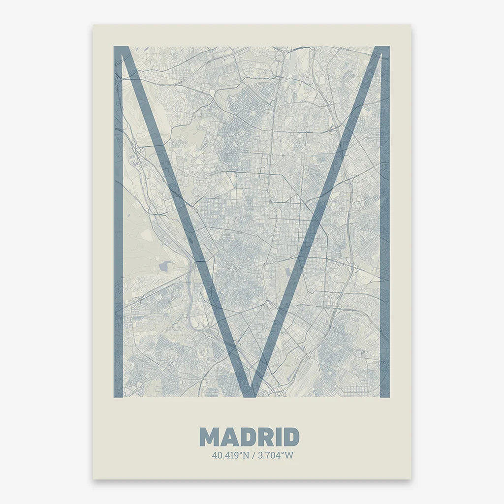 Poster of Madrid composed with letters in extra light font printed on bluish gray and an off-white background