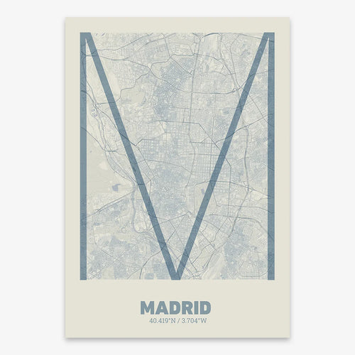 Poster of Madrid composed with letters in extra light font printed on bluish gray and an off-white background