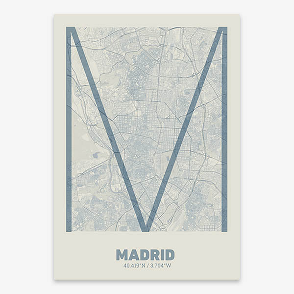 Poster of Madrid composed with letters in extra light font printed on bluish gray and an off-white background