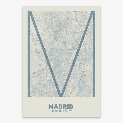 Poster of Madrid composed with letters in extra light font printed on bluish gray and an off-white background