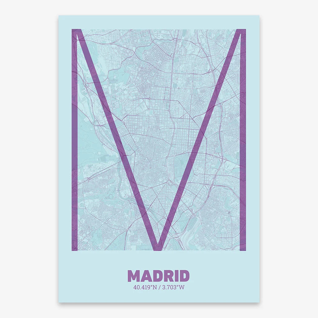 Poster of Madrid composed with letters in extra light font printed on purple and light blue