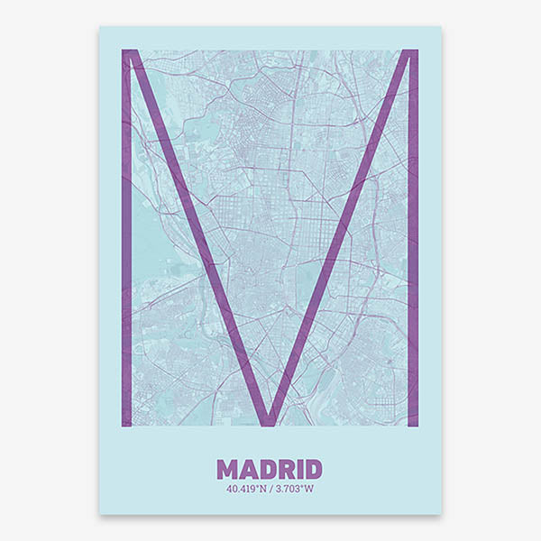 Poster of Madrid composed with letters in extra light font printed on purple and light blue