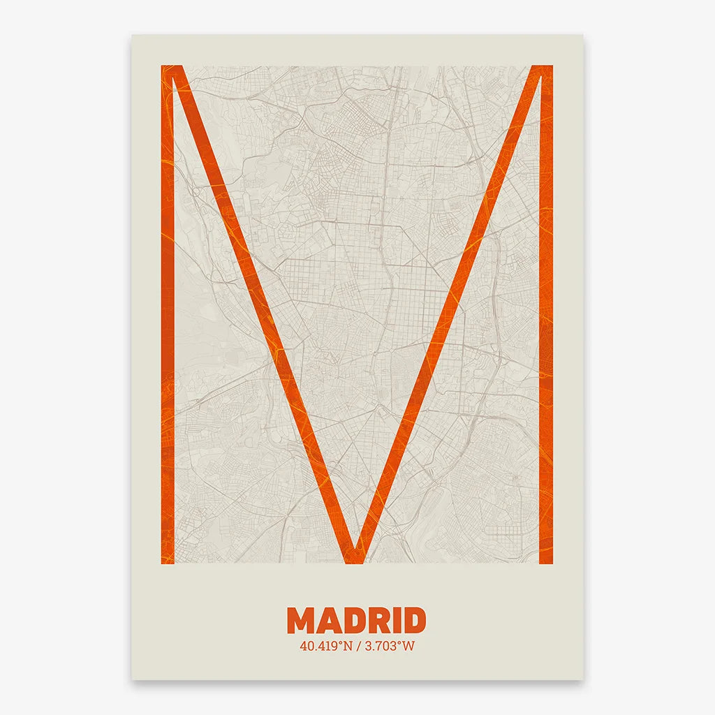 Poster of Madrid composed with letters in extra light font printed on orange and an off-white background