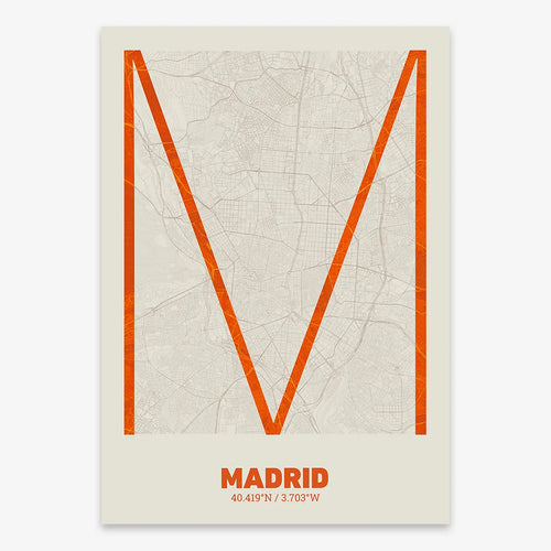 Poster of Madrid composed with letters in extra light font printed on orange and an off-white background