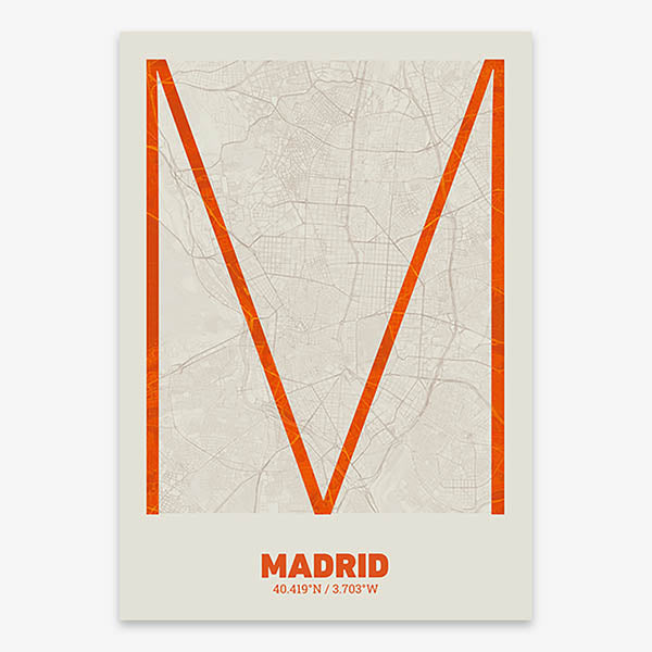 Poster of Madrid composed with letters in extra light font printed on orange and an off-white background