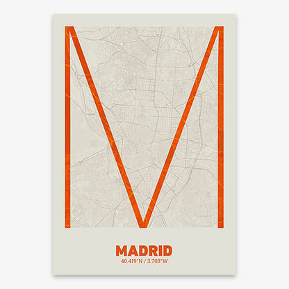 Poster of Madrid composed with letters in extra light font printed on orange and an off-white background