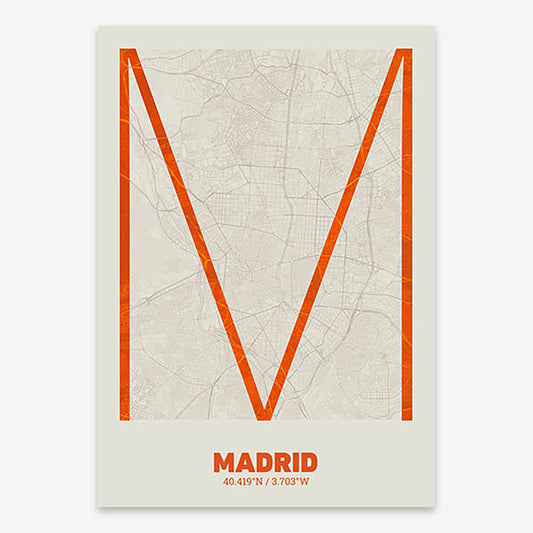Poster of Madrid composed with letters in extra light font printed on orange and an off-white background