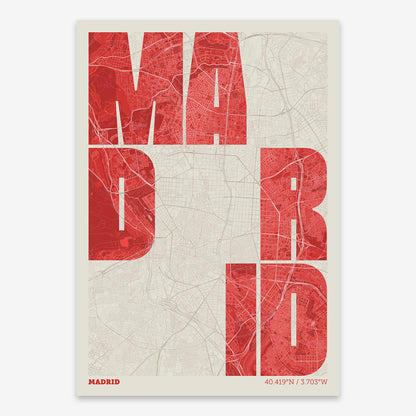 The map of Madrid with letters of its name placed randomly, designed in red and an off-white background