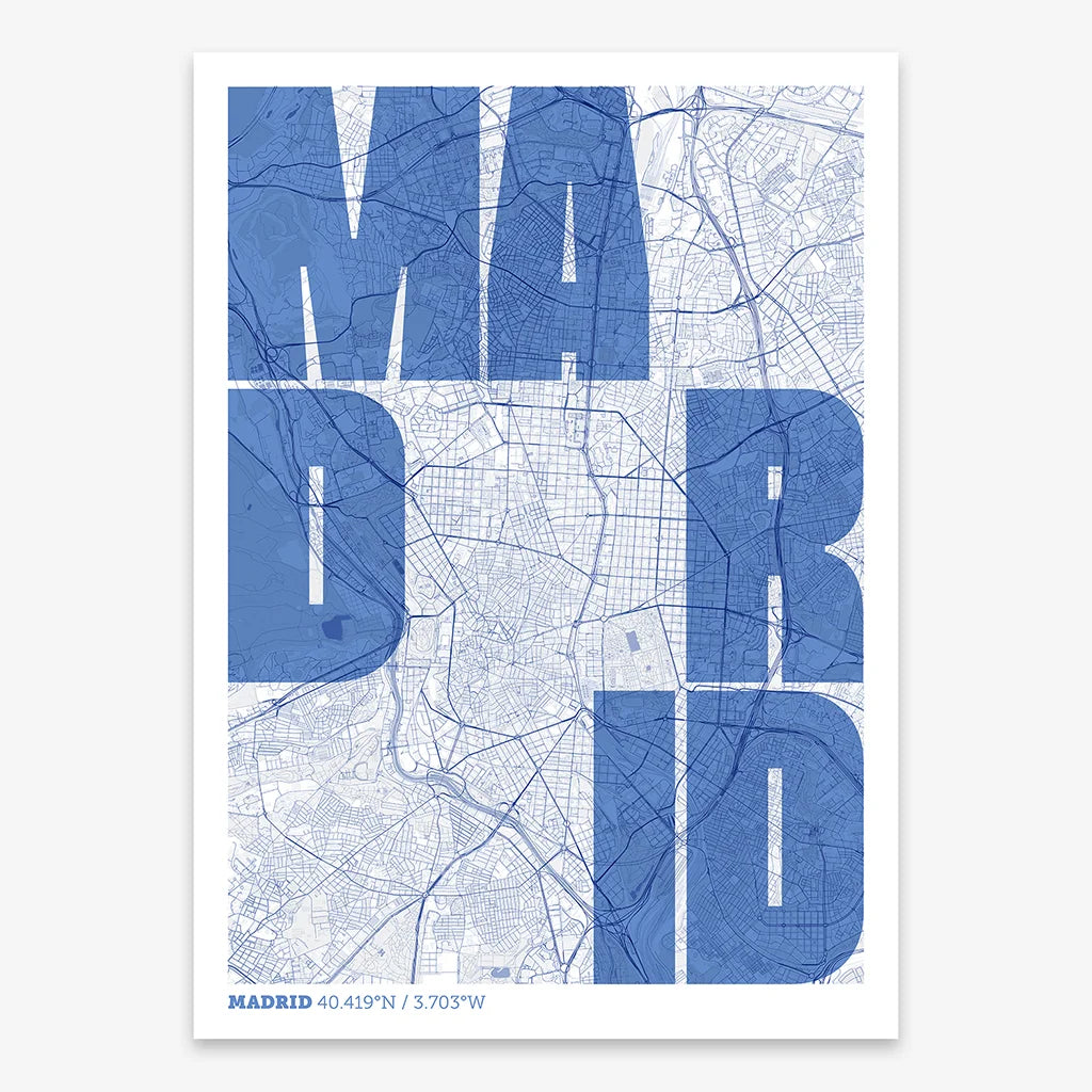 Decorative print of Madrid with letters of its name placed randomly, designed in navy blue and white