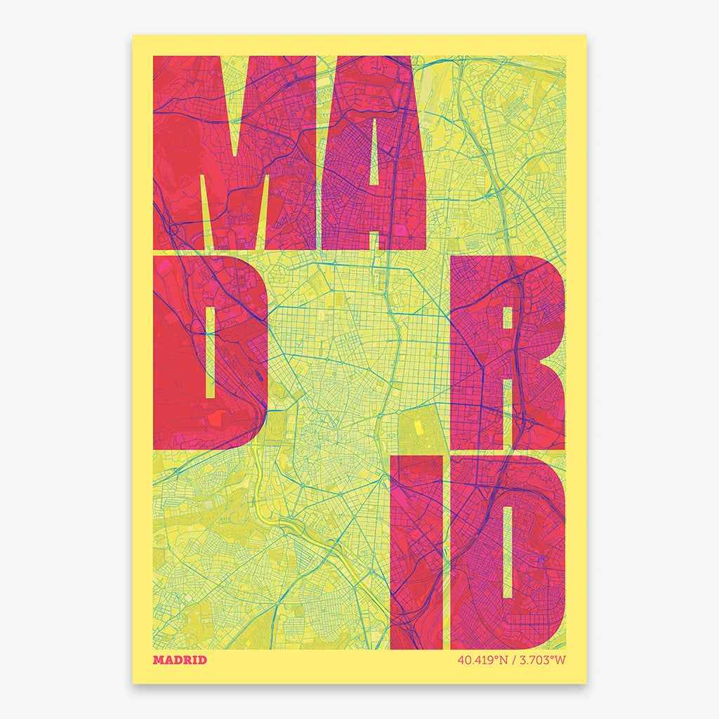 Decorative print of Madrid with letters of its name placed randomly, designed in yellow and fuchsia
