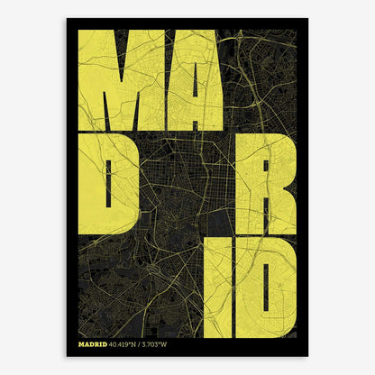 The map of Madrid with letters of its name placed randomly, designed in black and yellow