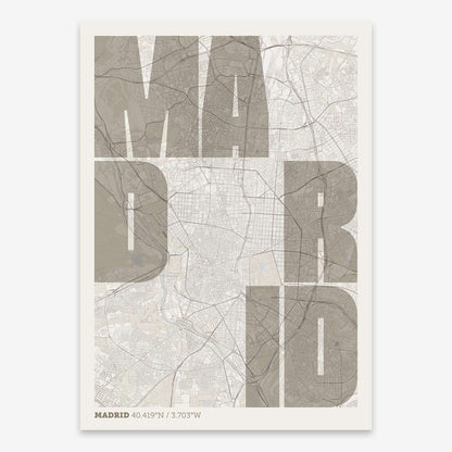 The map of Madrid with letters of its name placed randomly, designed in light brown and an off-white background