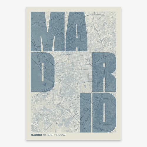 Decorative print of Madrid with letters of its name placed randomly, designed in bluish gray and an off-white background