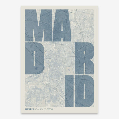 The map of Madrid with letters of its name placed randomly, designed in bluish gray and an off-white background