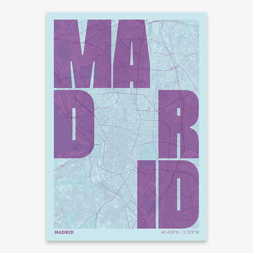 Decorative print of Madrid with letters of its name placed randomly, designed in purple and light blue