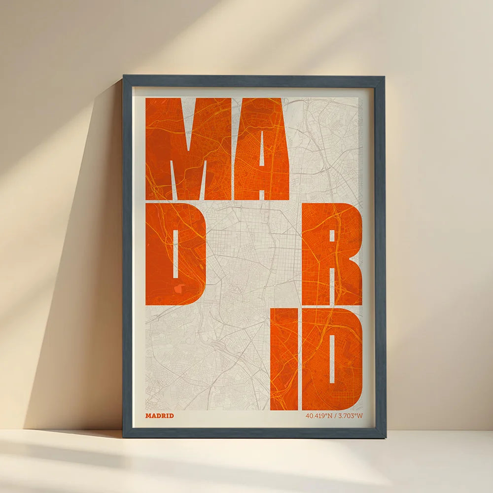 Lámina creativa de Madrid – Diseño gráfico y tipografía sobre mapa