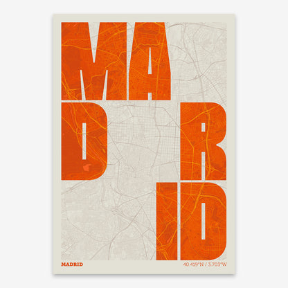 The map of Madrid with letters of its name placed randomly, designed in orange and an off-white background