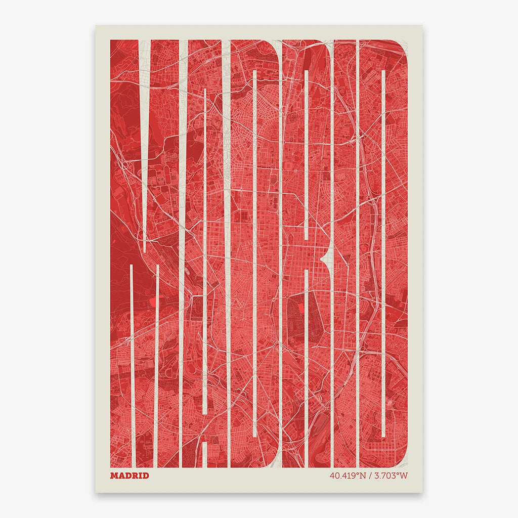 Decorative map of Madrid and letters of its name in a giclée print designed in red and an off-white background