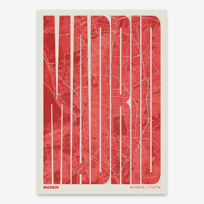 The map of Madrid and letters of its name in a giclée print designed in red and an off-white background