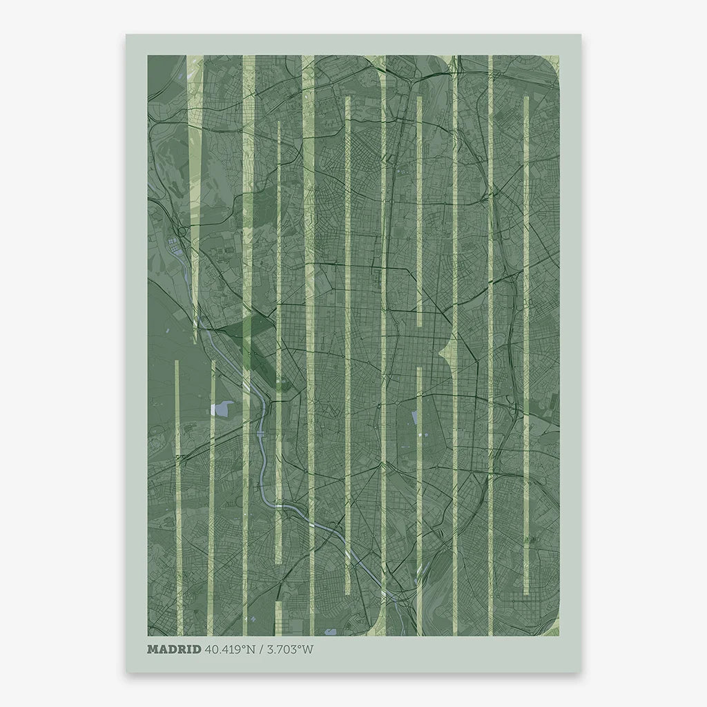 Decorative map of Madrid and letters of its name in a giclée print designed in two green tones