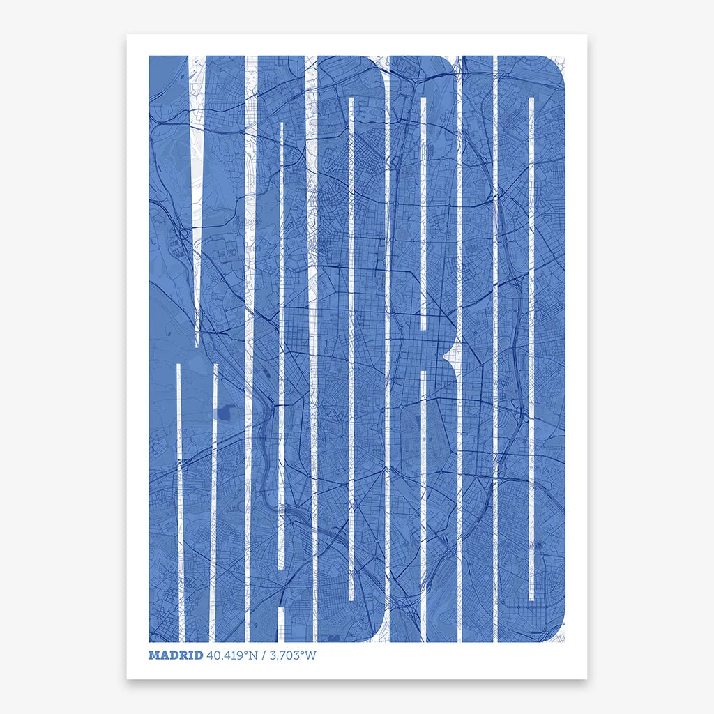Decorative map of Madrid and letters of its name in a giclée print designed in navy blue and white