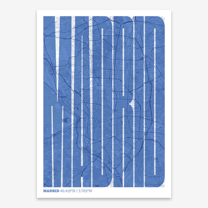 The map of Madrid and letters of its name in a giclée print designed in navy blue and white