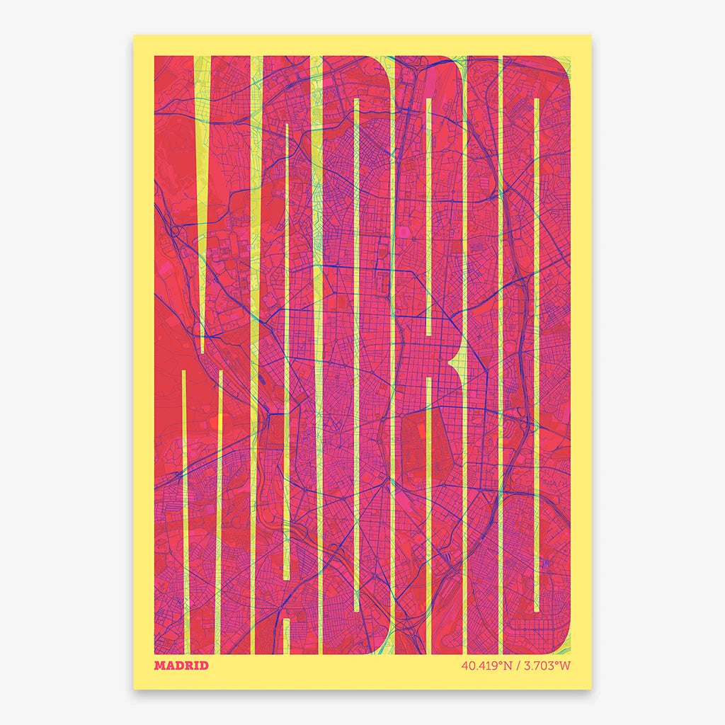 Decorative map of Madrid and letters of its name in a giclée print designed in yellow and fuchsia
