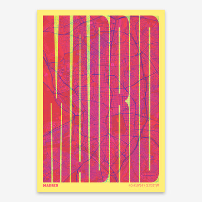 The map of Madrid and letters of its name in a giclée print designed in yellow and fuchsia