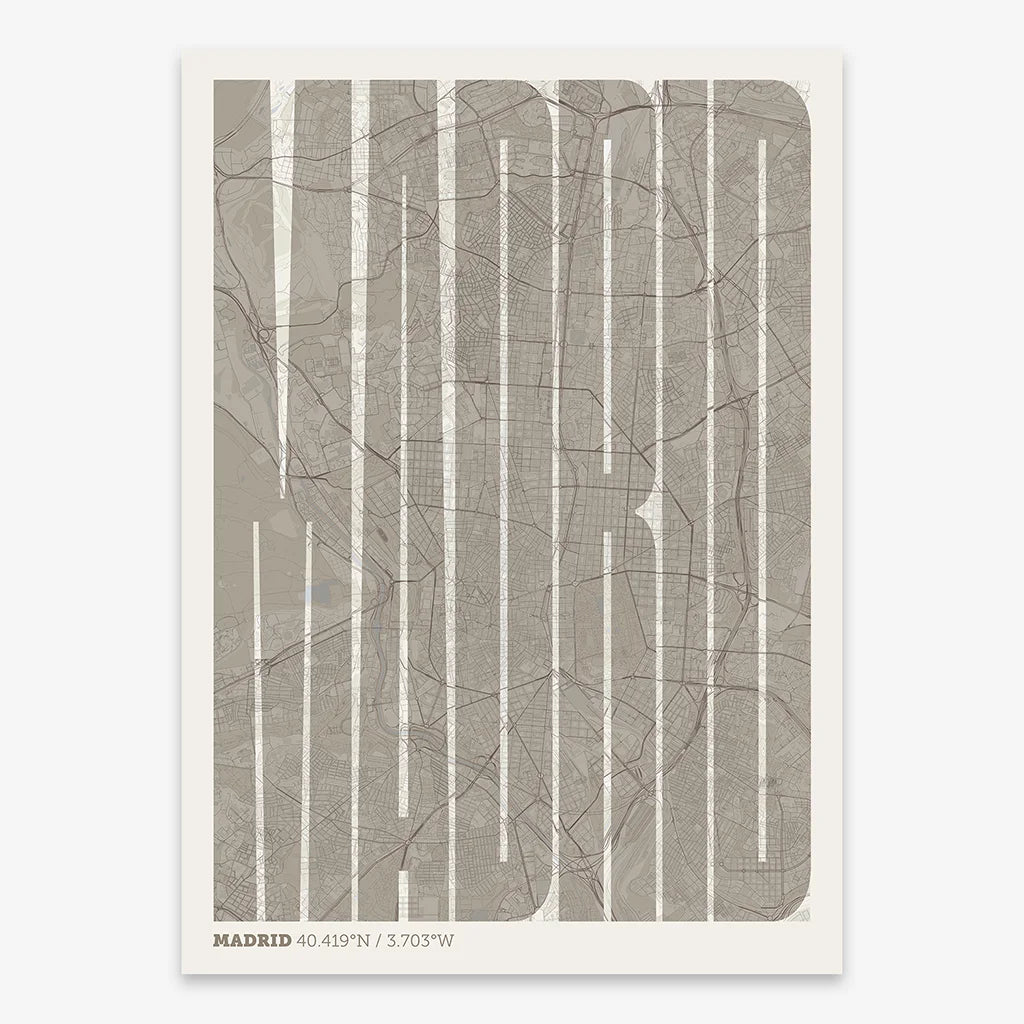 Decorative map of Madrid and letters of its name in a giclée print designed in light brown and an off-white background