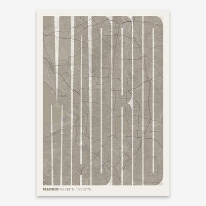 The map of Madrid and letters of its name in a giclée print designed in light brown and an off-white background