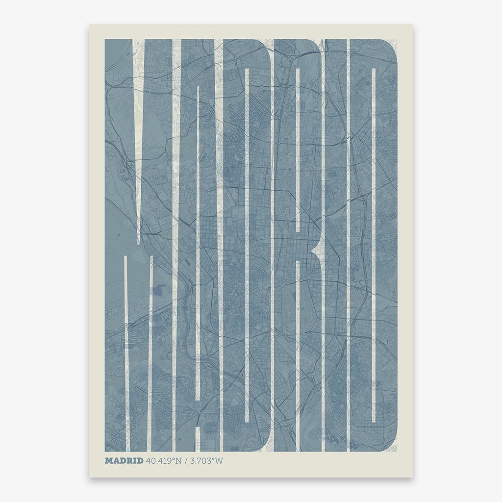 Decorative map of Madrid and letters of its name in a giclée print designed in bluish gray and an off-white background