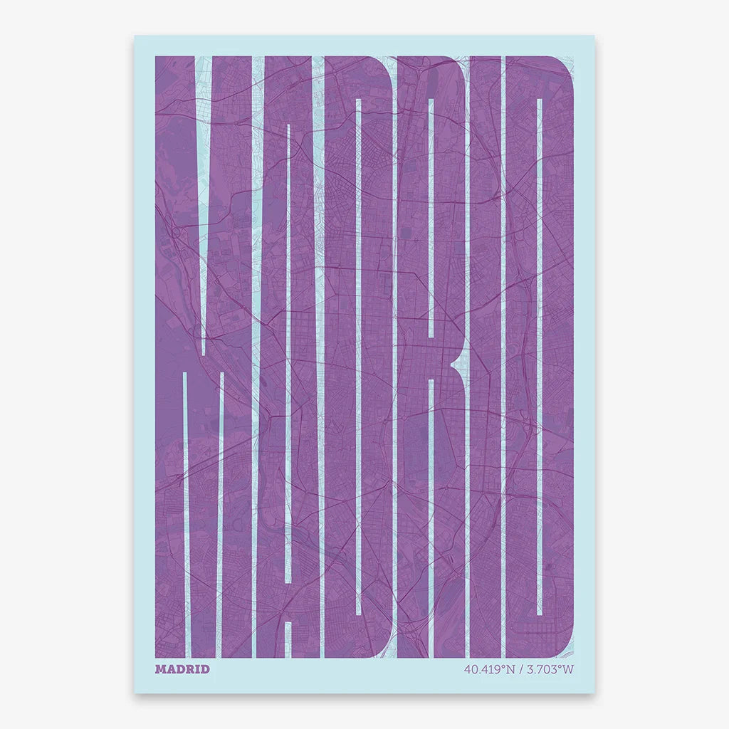 Decorative map of Madrid and letters of its name in a giclée print designed in purple and light blue