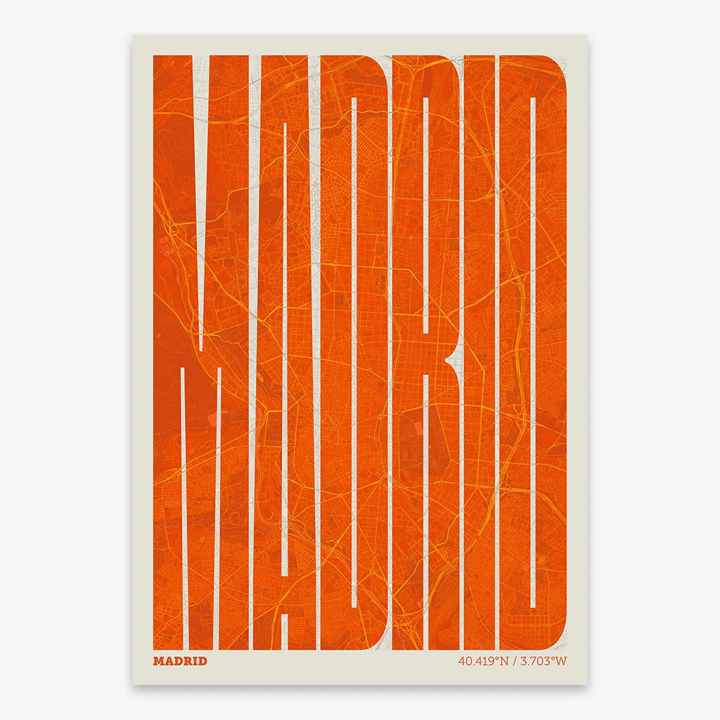 Decorative map of Madrid and letters of its name in a giclée print designed in orange and an off-white background