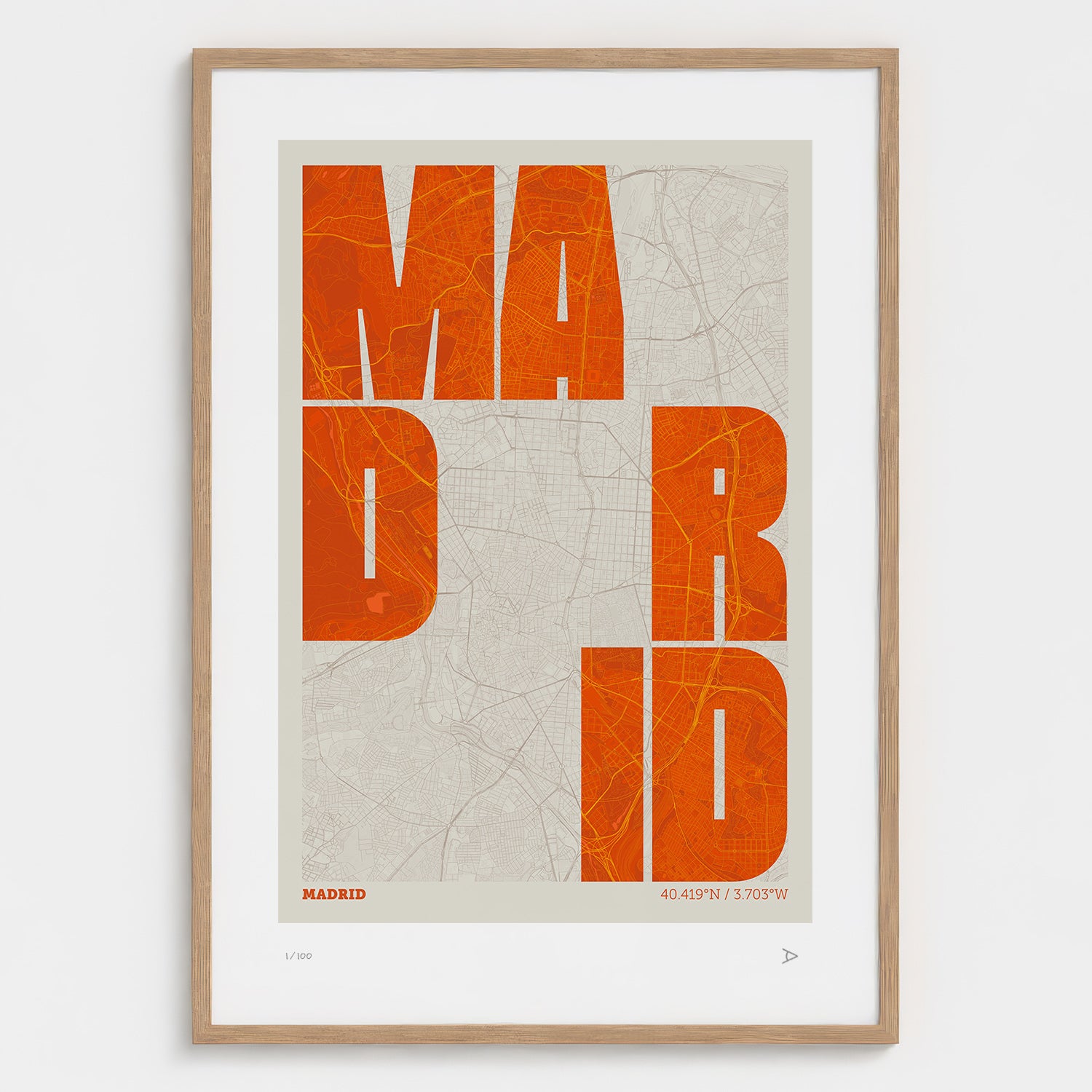 Lámina tipográfica de Madrid – diseño Revoltosa, marco de madera natural