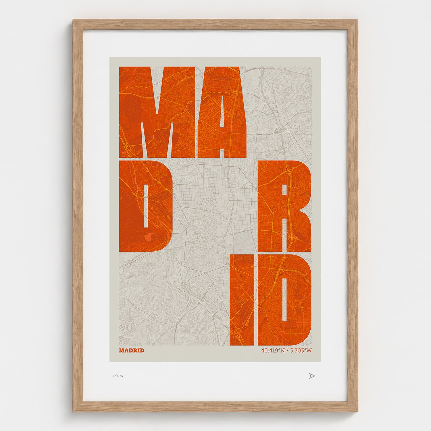 Lámina tipográfica de Madrid – diseño Revoltosa, marco de madera natural