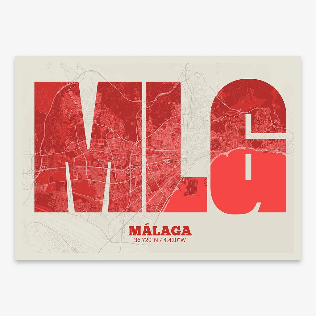 Decorative print of Malaga composed with letters in a heavy geometric font printed on red and an off-white background