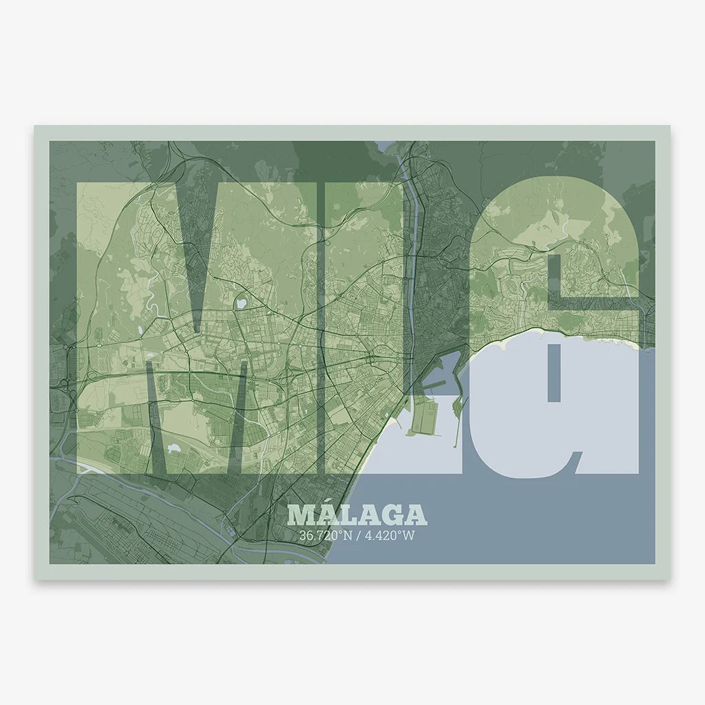 Decorative print of Malaga composed with letters in a heavy geometric font printed on two green tones