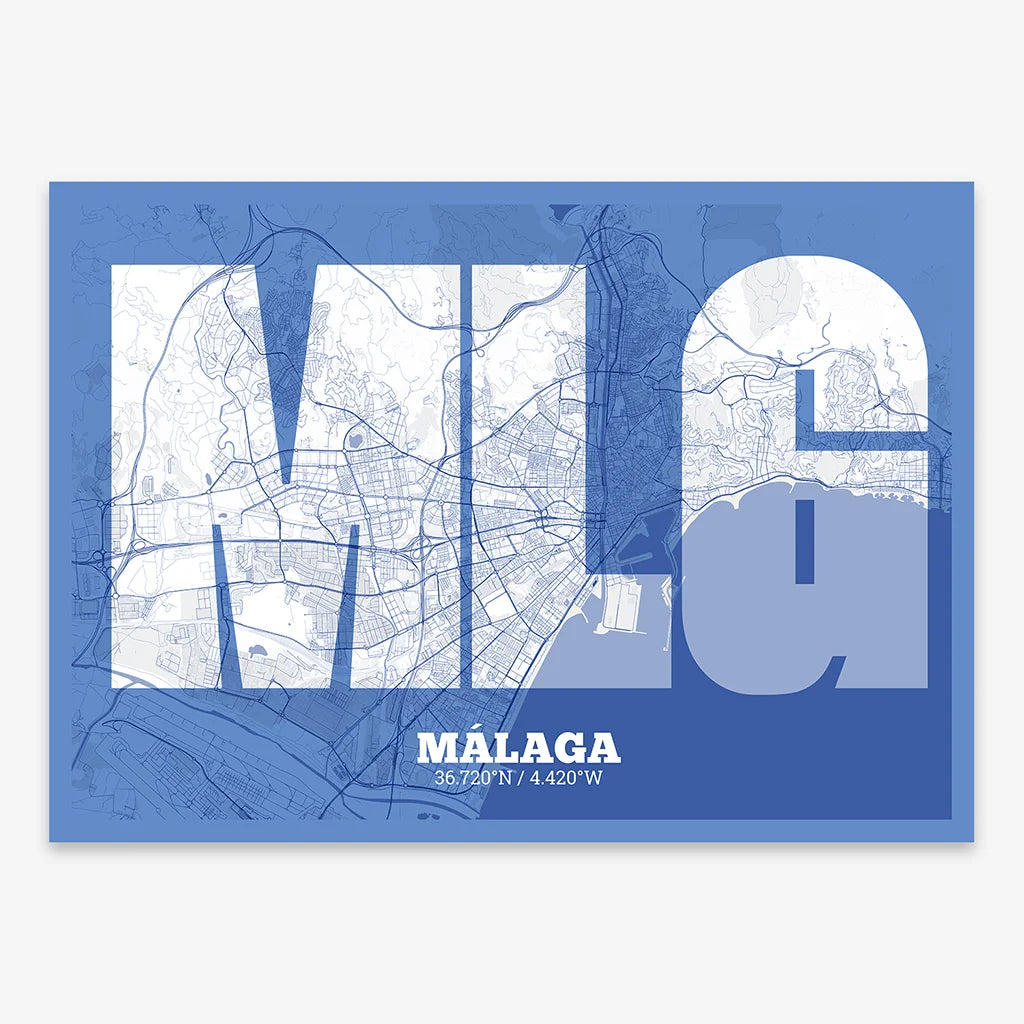 Decorative print of Malaga composed with letters in a heavy geometric font printed on navy blue and white