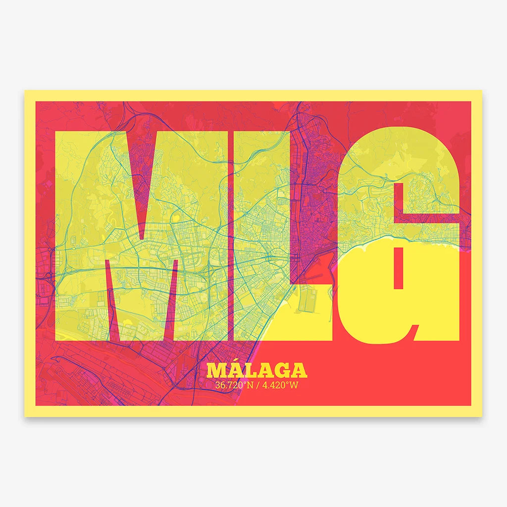 Decorative print of Malaga composed with letters in a heavy geometric font printed on yellow and fuchsia