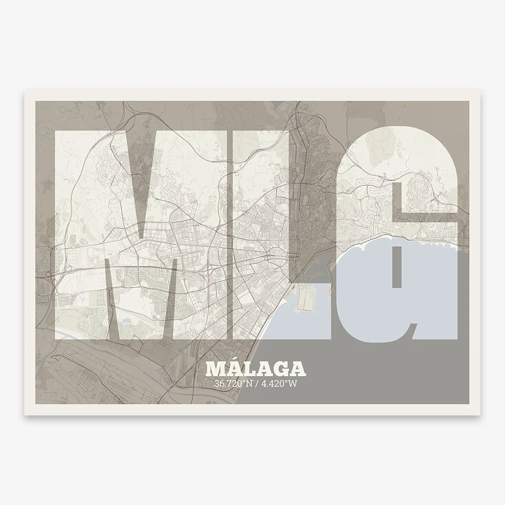 Decorative print of Malaga composed with letters in a heavy geometric font printed on light brown and an off-white background