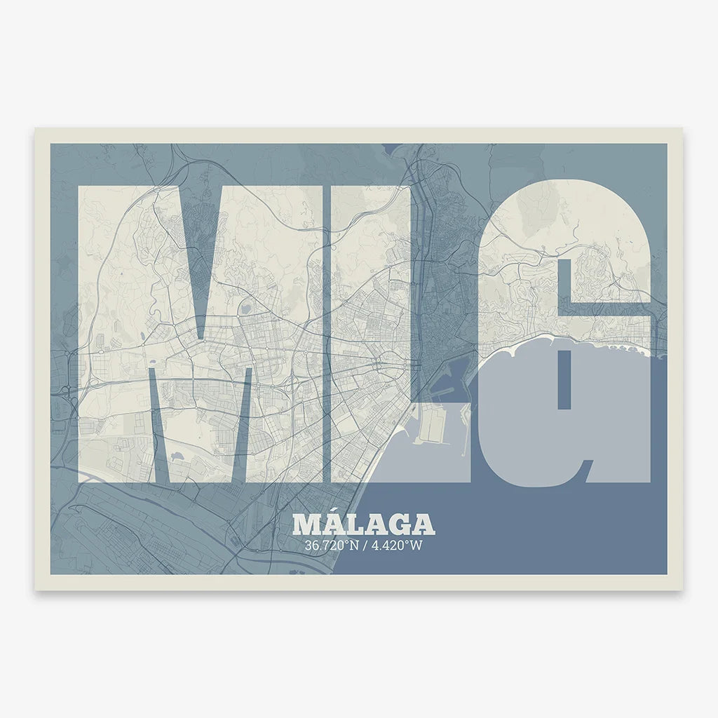 Decorative print of Malaga composed with letters in a heavy geometric font printed on bluish gray and an off-white background