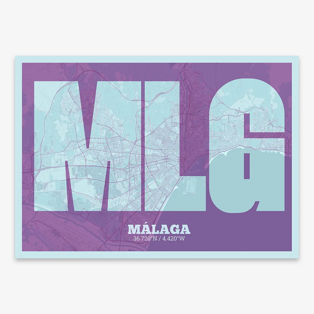 Decorative print of Malaga composed with letters in a heavy geometric font printed on purple and light blue